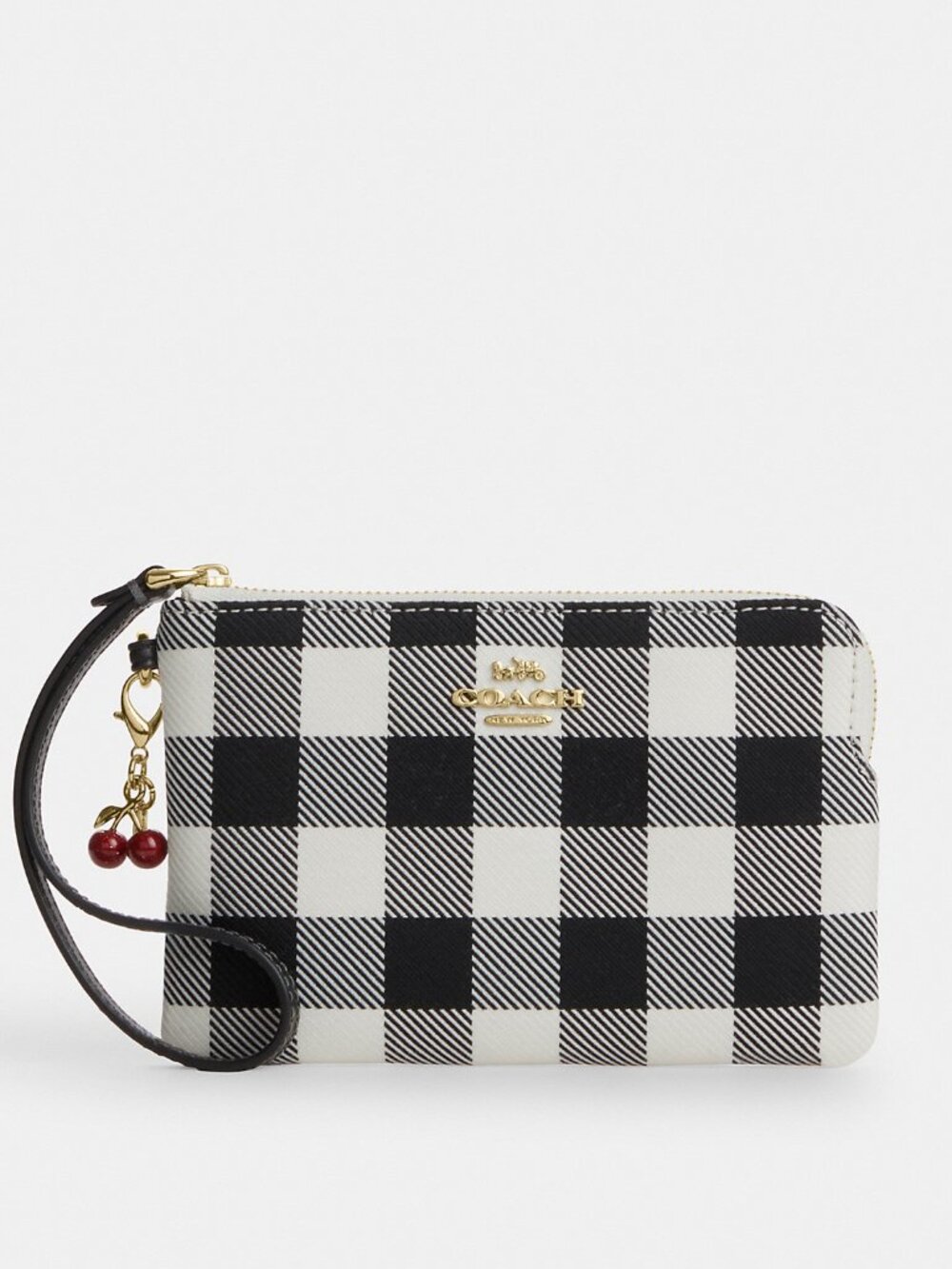 Coach Corner Zip Wristlet With Gingham Print And Charm